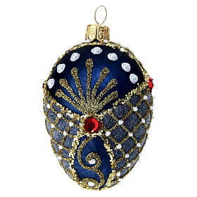 Pallina Natale uovo decorato blu oro strass vetro soffiato 50 mm