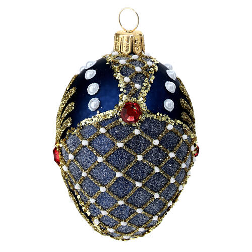 Pallina Natale uovo decorato blu oro strass vetro soffiato 50 mm 2