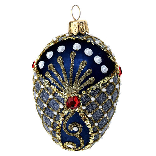 Pallina Natale uovo decorato blu oro strass vetro soffiato 50 mm 3