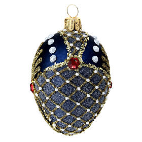 Christmas bauble decorated egg blue gold rhinestones blown glass 50 mm