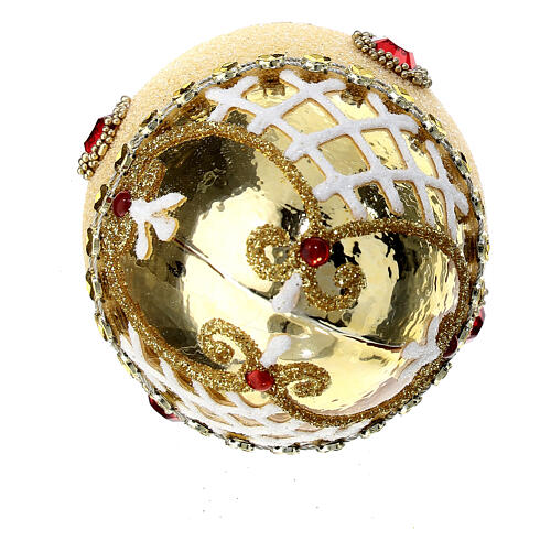 Baumschmuck aus mundgeblasenem Glas, Eiform, goldfarben, mit reichen Verzierungen aus goldfarbenen und weißem Glitter, rote und gelbe Schmucksteine, 50 mm 3