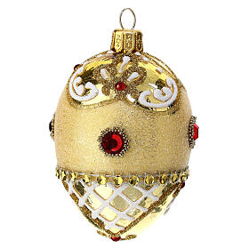 Golden Christmas ball with glitter and red rhinestones, pinecone shape, blown glass, 50 mm