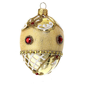 Golden Christmas ball with glitter and red rhinestones, pinecone shape, blown glass, 50 mm