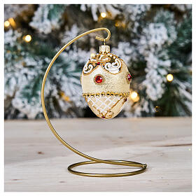 Golden Christmas ball with glitter and red rhinestones, pinecone shape, blown glass, 50 mm