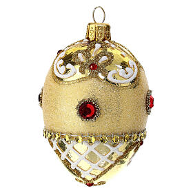 Pallina albero Natale dorata glitter strass rossi ovale vetro soffiato 50 mm