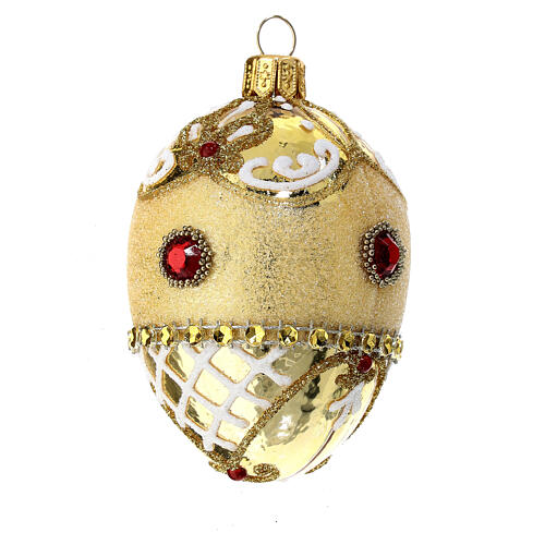 Bola de Natal ovo ouro brilhante purpurina branca e strass vermelhos vidro soprado 50 mm 2