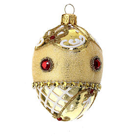 Golden glitter Christmas tree bauble with red rhinestones oval blown glass 50 mm