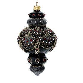 Baumschmuck aus mundgeblasenem Glas, Stufenform, Schwarz, mit reichen Verzierungen aus goldfarbenen und weißen Glitter, rote Schmucksteine, 80 mm