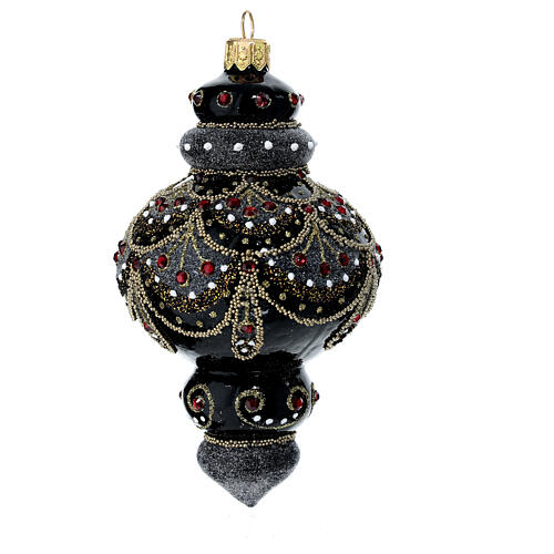 Baumschmuck aus mundgeblasenem Glas, Stufenform, Schwarz, mit reichen Verzierungen aus goldfarbenen und weißen Glitter, rote Schmucksteine, 80 mm 2