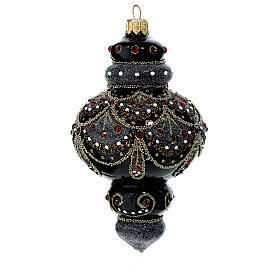 Handcrafted black Christmas bauble in blown glass with red rhinestones 80 mm