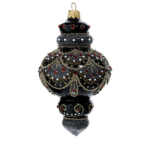 Handcrafted black Christmas bauble in blown glass with red rhinestones 80 mm 1