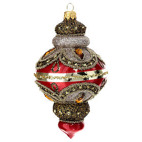 Red Christmas ball, oriental lantern with amber rhinestones, 80 mm, blown glass
