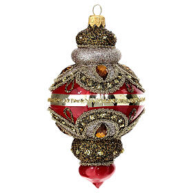 Red Christmas ball, oriental lantern with amber rhinestones, 80 mm, blown glass
