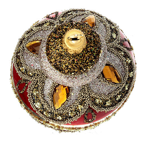 Pallina natalizia vetro soffiato artigianale decorata rosso oro 80 mm 3