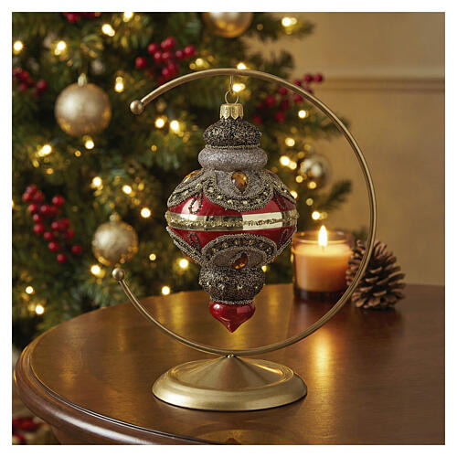 Handcrafted blown glass Christmas bauble decorated in red gold 80 mm 2