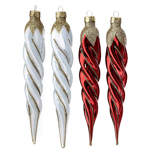 Palline natalizie 4 pz ghiaccioli rosso bianco 16 cm vetro soffiato 1