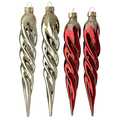 Set of 4 Christmas tree decorations, red and golden stalactites, 16 cm, blown glass 1