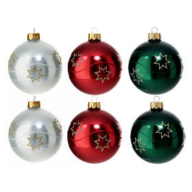 Set of 6 Christmas balls, 3 colours, blown glass, 80 mm