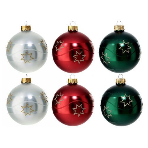 Set of 6 Christmas balls, 3 colours, blown glass, 80 mm 1