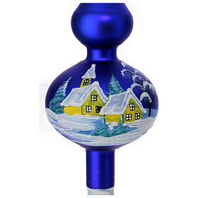 Christmas tree topper, blue blown glass painted with a snowy landscape, 35 cm