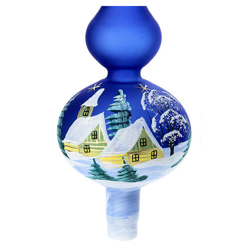 Christmas tree topper, blue blown glass painted with a snowy landscape, 35 cm 2