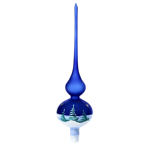 Christmas tree topper, blue blown glass painted with a snowy landscape, 35 cm 5