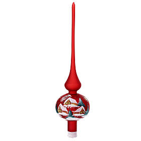 Christmas tree topper, red blown glass painted with a snowy landscape, 35 cm