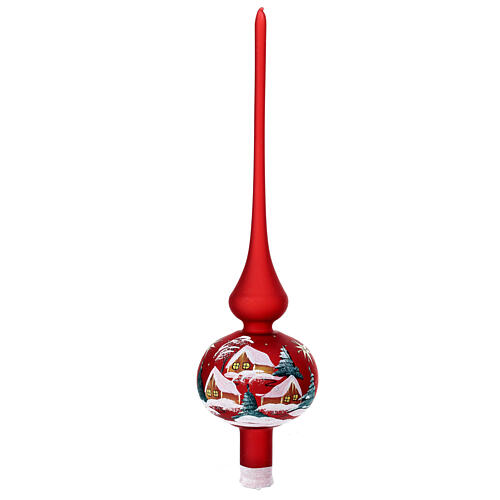 Christmas tree topper, red blown glass painted with a snowy landscape, 35 cm 1