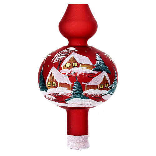 Christmas tree topper, red blown glass painted with a snowy landscape, 35 cm 2