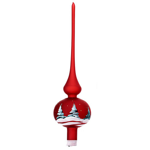 Christmas tree topper, red blown glass painted with a snowy landscape, 35 cm 5
