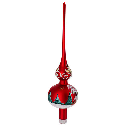 Christmas tree topper, red blown glass painted with a snowy landscape, 35 cm 3