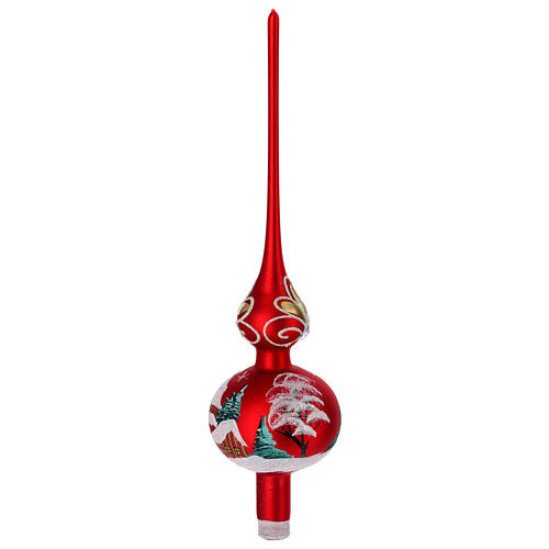 Christmas tree topper, red blown glass painted with a snowy landscape, 35 cm 4