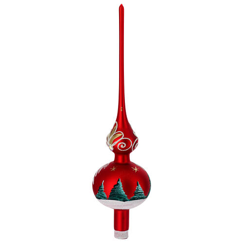 Christmas tree topper, red blown glass painted with a snowy landscape, 35 cm 5