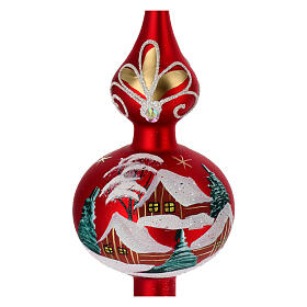 Cimier sapin de Noël verre soufflé rouge village enneigé 35 cm