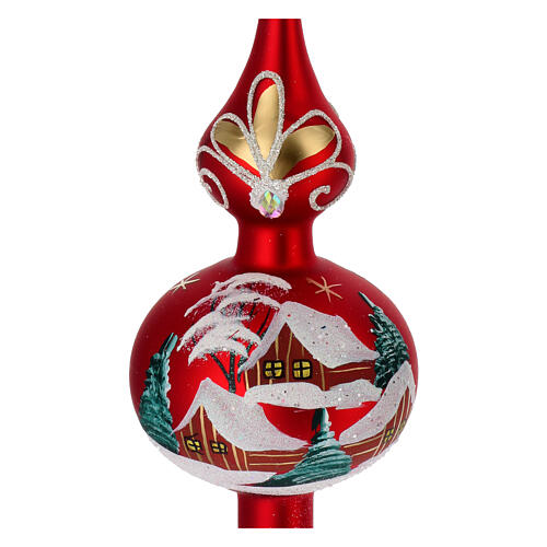 Cimier sapin de Noël verre soufflé rouge village enneigé 35 cm 2