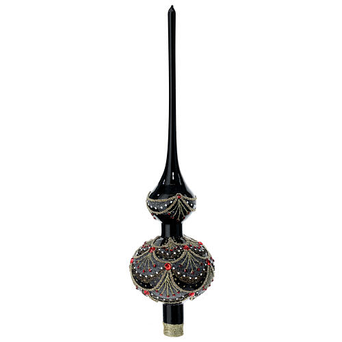Black Christmas tree topper with red rhinestones, blown glass, 35 cm 1