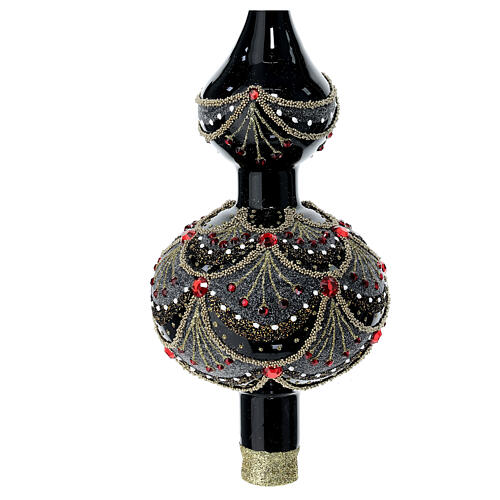 Punta árbol Navidad negro vidrio soplado cuentas strass rojas 35 cm 2