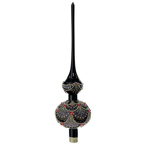 Black Christmas tree topper in blown glass with red rhinestones 35 cm 1