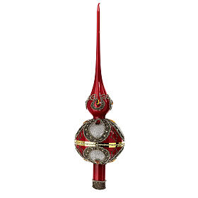 Red Christmas tree topper with amber rhinestones, 35 cm, blown glass