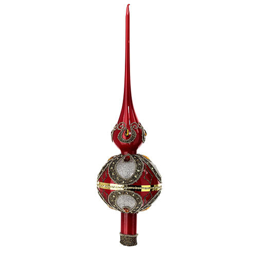 Red Christmas tree topper with amber rhinestones, 35 cm, blown glass 1