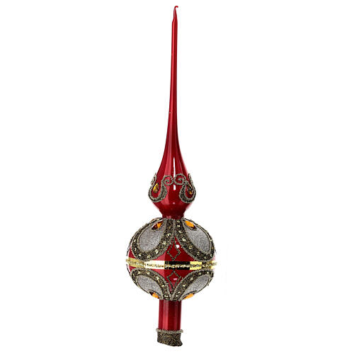 Red Christmas tree topper with amber rhinestones, 35 cm, blown glass 3