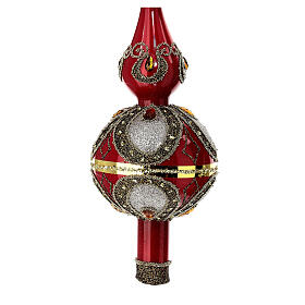 Red gold blown glass Christmas tree topper with rhinestones 35 cm