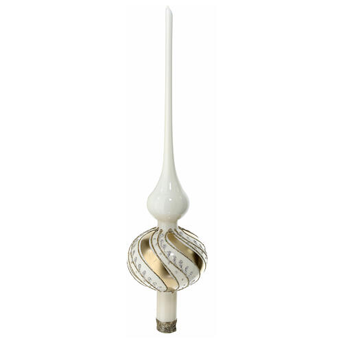 Ivory Christmas tree topper with slanted golden lines, 35 cm, blown glass 1