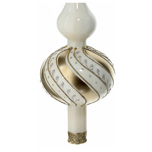 Ivory Christmas tree topper with slanted golden lines, 35 cm, blown glass 2