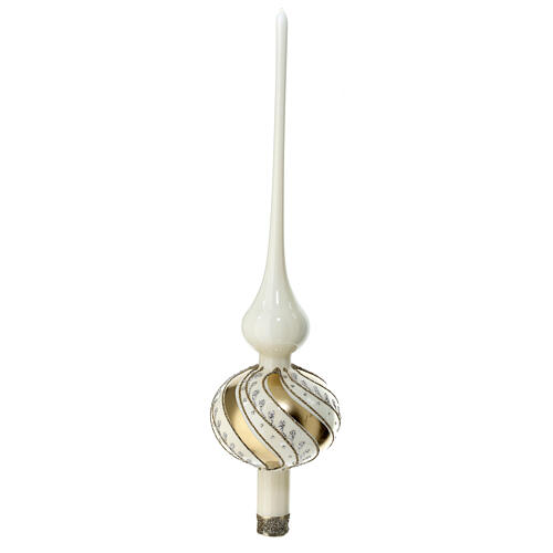 Ivory Christmas tree topper with slanted golden lines, 35 cm, blown glass 3