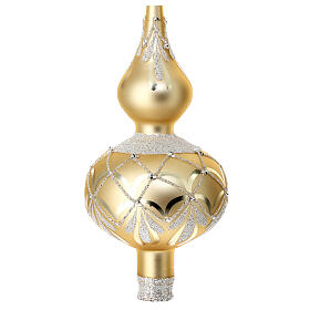 Matte golden Christmas tree topper with glittery pattern, 35 cm, blown glass