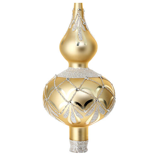 Matte golden Christmas tree topper with glittery pattern, 35 cm, blown glass 2