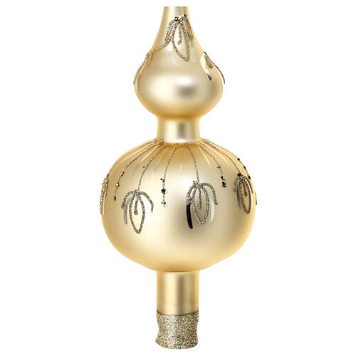 Matte golden Christmas tree topper with glittery lines, 35 cm, blown glass 4