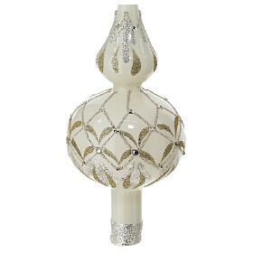 Polished white Christmas tree topper with glittery pattern, 35 cm, blown glass