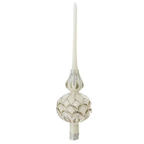 Polished white Christmas tree topper with glittery pattern, 35 cm, blown glass 1